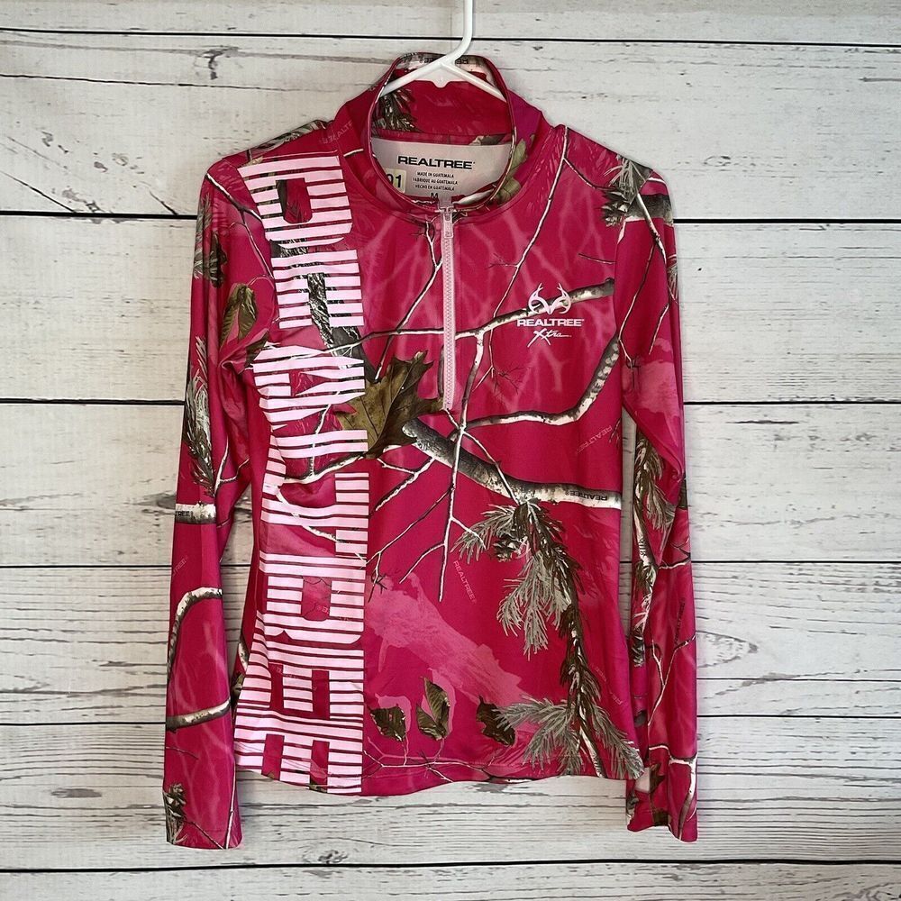 Realtree Xtra Pink Camo Quarter Zip Long Sleeve Performance Top Womens Medium